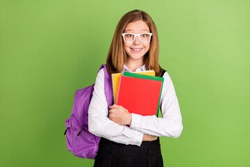 Sticker - Portrait of attractive glad cheerful schoolkid holding book lesson homework isolated over green color background