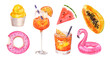 Watercolor hand painted summer vibes exotic fruits, beach floats and spritz cocktails illustration set isolated on white background 