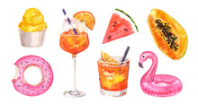 Watercolor Hand Painted Summer Vibes Exotic Fruits, Beach Floats And Spritz Cocktails Illustration Set Isolated On White Background 