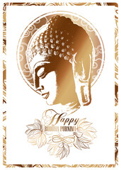 Wall Mural - Vector image of the head of Gautam Buddha in profile. Postcard, poster, banner - Buddha Purnima or Vesak card