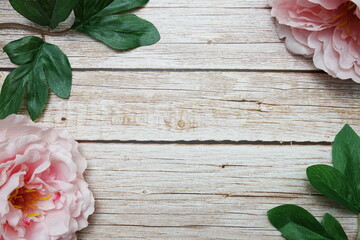 Wall Mural - Pink Peony flower border frame on wooden background