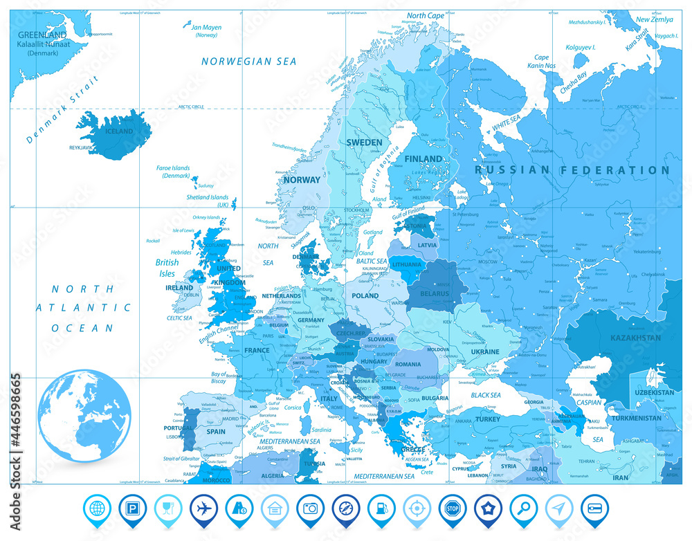 Europe Map in Colors of Blue and Map Markers Stock Vector | Adobe Stock