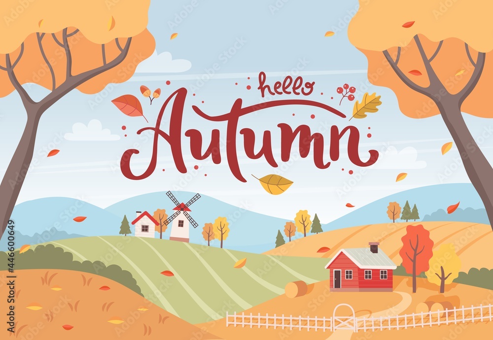 Autumn rural landscape with hand drawn lettering. Countryside landscape with houses and windmill. Vector illustration in flat style - obrazy, fototapety, plakaty 