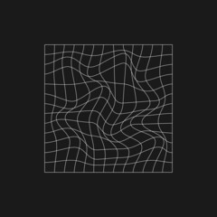 Retrofuturistic rectangle grid with liquid distortion. Cyber design element. Cyberpunk distorted grid in 80s style. Geometry for poster, cover, flyer, merch in retrowave style. Vector