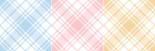 Summer Tablecloth Check Pattern Set. Pastel Flat Tartan Plaid Backgrounds In Blue, Pink, Yellow, White For Picnic Blanket, Oilcloth, Duvet Cover, Other Modern Easter Holiday Fashion Fabric Design.