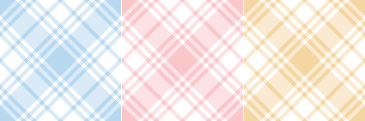 Summer tablecloth check pattern set. Pastel flat tartan plaid backgrounds in blue, pink, yellow, white for picnic blanket, oilcloth, duvet cover, other modern Easter holiday fashion fabric design.