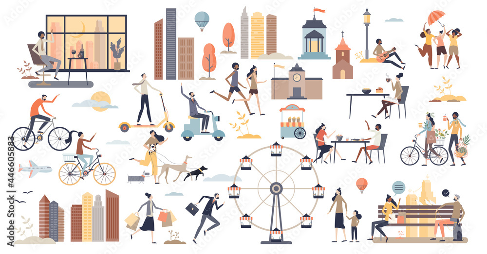 City life scenes and daily urban routine elements tiny person collection set. Environment with real estate, business office, transportation, family recreation and everyday moments vector illustration. - obrazy, fototapety, plakaty 