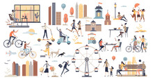 City Life Scenes And Daily Urban Routine Elements Tiny Person Collection Set. Environment With Real Estate, Business Office, Transportation, Family Recreation And Everyday Moments Vector Illustration.