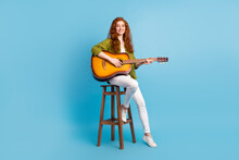 Full Length Body Size View Of Pretty Cheery Girl Playing Guitar Pop Singing Isolated Over Pastel Blue Color Background