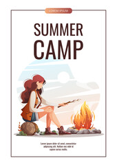 Wall Mural - woman sitting by campfire and roasting marshmallows. camping, traveling, trip, hiking, camper, natur