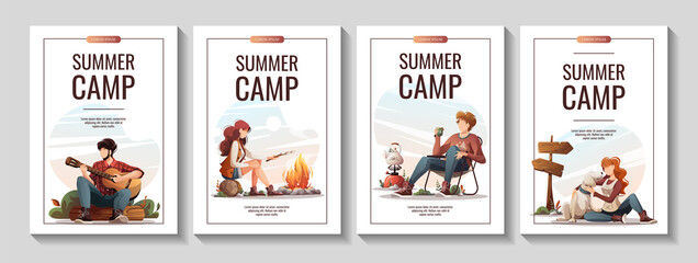 Wall Mural - set of flyers with people sitting in the campsite in nature. summer camping, traveling, trip, hiking