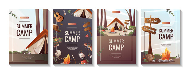 set of promo flyers for summer camping, traveling, trip, hiking, camper, nature, journey, picnic. a4
