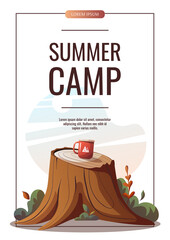 Wall Mural - promo flyer with tree stump and cup. summer camping, campsite, traveling, trip, hiking, camper, natu
