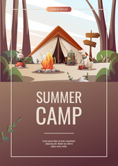 Wall Mural - promo flyer with campsite. summer camping, traveling, trip, hiking, camper, nature, journey, picnic 