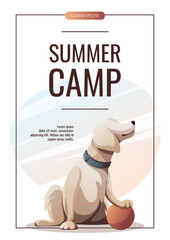 Wall Mural - promo flyer with retriever dog sitting with ball. cartoon style. pet, dog walk, camping, trip, journ