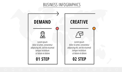 Line minimal infographics timeline with 2 steps rectangle elements. Chart process template with arrows. Modern vector for company or corporate business project and presentation. Trendy design