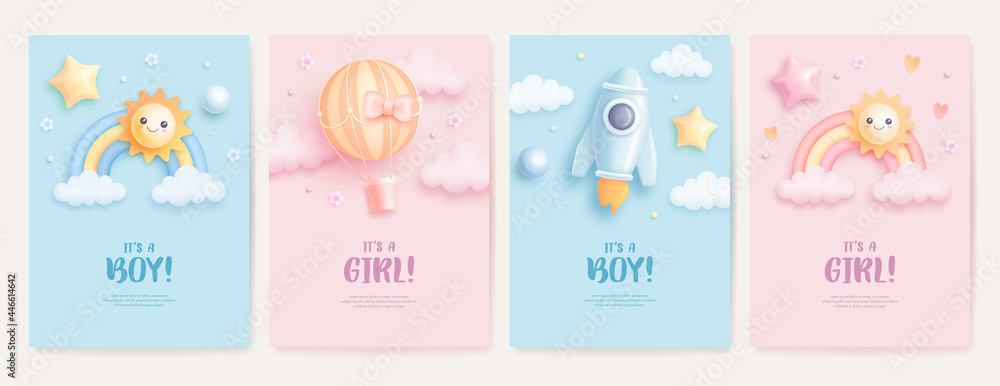Obraz Set of baby shower invitation with cartoon rainbow, sun, rocket and hot air balloon on blue and pink background. It's a boy. It's a girl. Vector illustration fototapeta, plakat