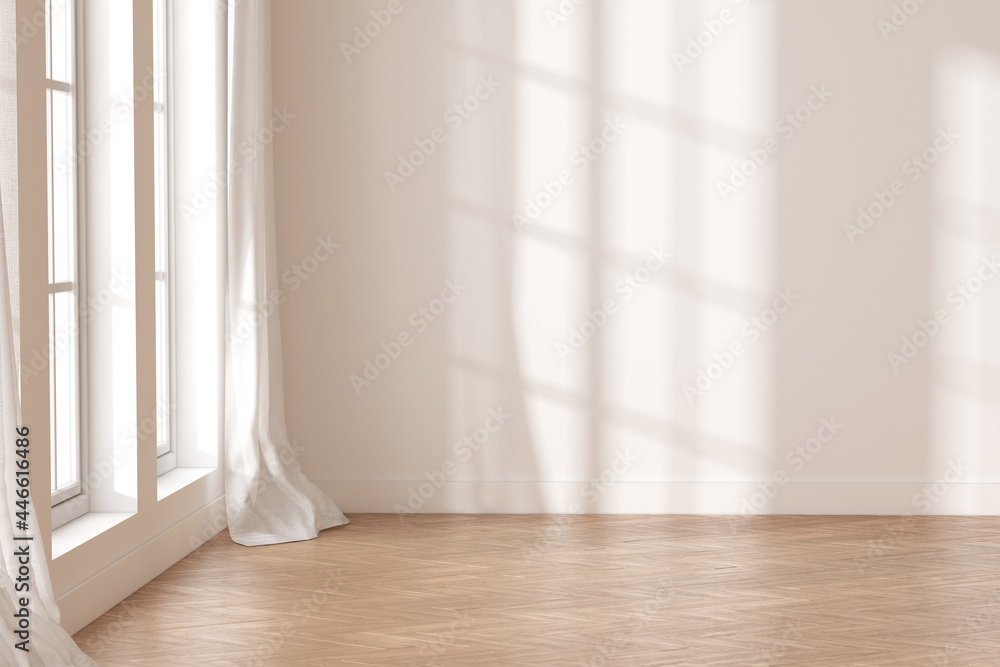 3D rendering of white empty room with wooden floor and sun light cast ...