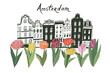 tulip flowers and Amsterdam houses spring vector print 