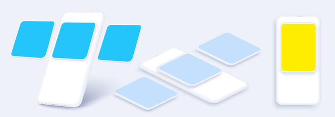 Aufkleber - Phone mockup, clean mobile set concept with shadow isolated. White smartphones in different angles view with blank screen. Template for infographics or presentation UI, UX design interface.
