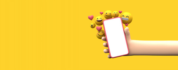 Wall Mural - Person holding a smartphone with emoji online social media icons. 3D Rendering