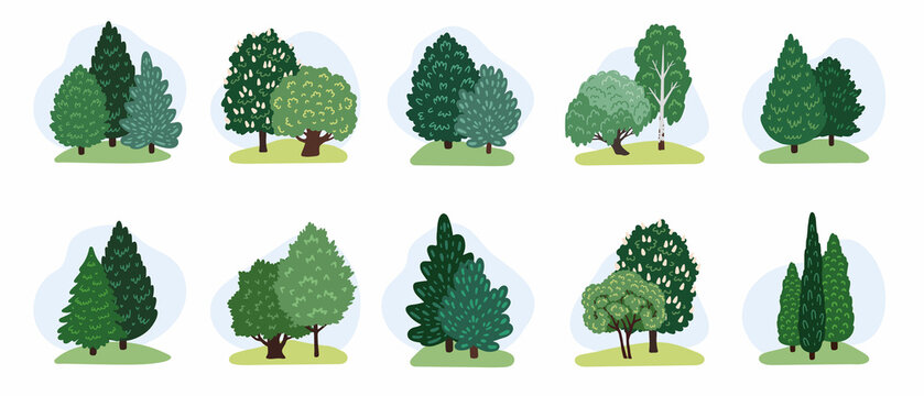 Set of green trees, bushes. Collection of deciduous and evergreen forest and park plants. Hand-drawn design elements for landscape. Cartoon vector illustration for game design.