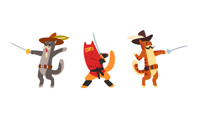 Poster - Warlike Animals Set, Musketeer Cat Characters Fighting with Sword Cartoon Vector Illustration