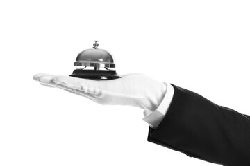 Butler holding service bell on white background, closeup