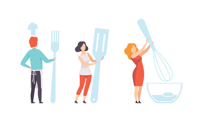 Sticker - People Holding Huge Kitchen Tools Set, Man and Woman Cooking with Spatula, Fork and Whisk Flat Vector Illustration