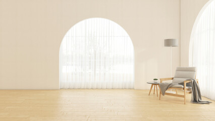 Wall Mural - Empty room with arched window and white wall, Minimalist armchair and side table, floor lamp. 3D rendering
