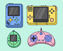 Set Of Retro Video Game Consoles. Tamagotchi, Gamepad, Gameboy, Controller. Simple, Cartoonish Style. Elements For Design And Illustrations. Bright Colors.