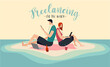 Freelancing on the beach. People Freelancers on beach working with Laptop. Summer work and Holiday Relax. Woman and man love online work. Summertime love and fun. Vector flat modern Illustration.