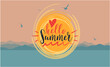 Sea Background with Lettering Hello Summer. Sunset logotype, badge typography icon. Lettering summer season for greeting card, invitation template. Retro, vintage lettering banner poster sea poster 