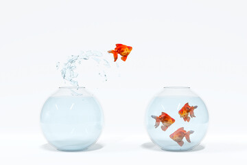 Goldfish jumping out of a bowl to join others. Team Player concept. 3D Illustration