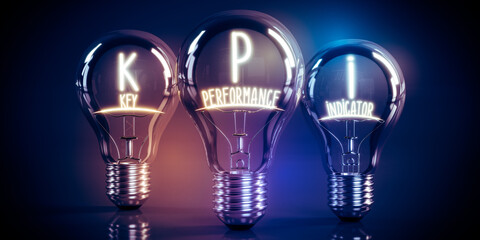 KPI, key performance indicators concept - shining light bulbs - 3D illustration