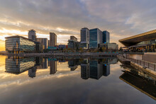 View Of MediaCity UK At Sunset, Salford Quays, Manchester, England