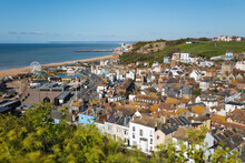 View Over The Old Town And Beach To Hastings Pier From The East Hill, Hastings, East Sussex, England
