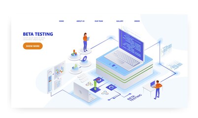 Beta testing, landing page design, website banner vector template. Software testing and quality assurance.