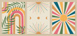 Abstract boho illustrations - rainbow, sun, moon phases. 60s art, boho home decor, mid-century wall posters