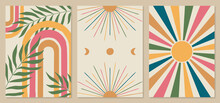 Abstract Boho Illustrations - Rainbow, Sun, Moon Phases. 60s Art, Boho Home Decor, Mid-century Wall Posters