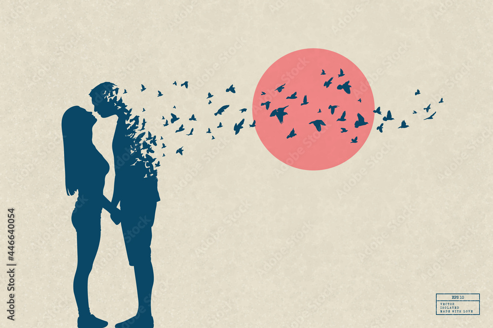 Lovers silhouette. Loving couple and flying birds. Death and afterlife - obrazy, fototapety, plakaty 