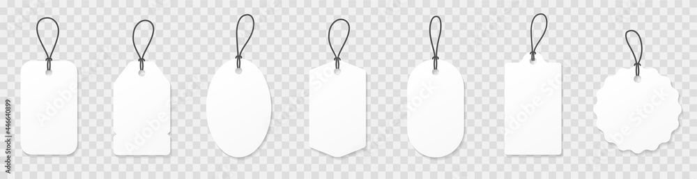Set blank white paper price tags or gift tags. Paper labels with cord. Set template shopping labels with shadow - stock vector. - obrazy, fototapety, plakaty 