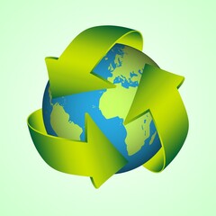 Ecology. Recycling on the ground. Abstract vector illustration of realistic recycling arrows encircling the planet earth. Clipart for creativity.