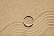 Minimal mockup background for product presentation. Glass podium on sand beach. Top view