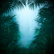 © grandeduc - Misty jungle nature frame / 3D illustration of mysterious rainforest background with light rays shining through forest canopy framing copy space