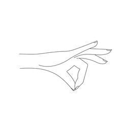 The contour of the hand is graceful, feminine, two fingers are closed in a pinch. The linear contour is isolated on a white background. Concept: hold anything, tattoo, hand drawing, gesture. Vector.