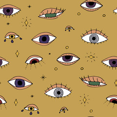 Canvas Print - Seamless pattern with hand drawn doodle mystic eyes. On golden background.