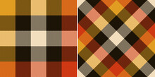 Plaid Vector Pattern In Black, Orange, Mustard Yellow, Off White. Seamless Large Herringbone Tartan Check Graphic Background For Scarf, Blanket, Duvet Cover, Other Modern Fashion Textile Print.