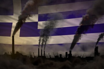 Wall Mural - Dark pollution, fight against climate change concept - industry pipes heavy smoke on Greece flag background - industrial 3D illustration