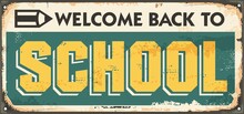 School Sales Tin Sign Retro Ad With Creative Typography. Back To School Vintage Inscription. Vector Signboard Illustration.